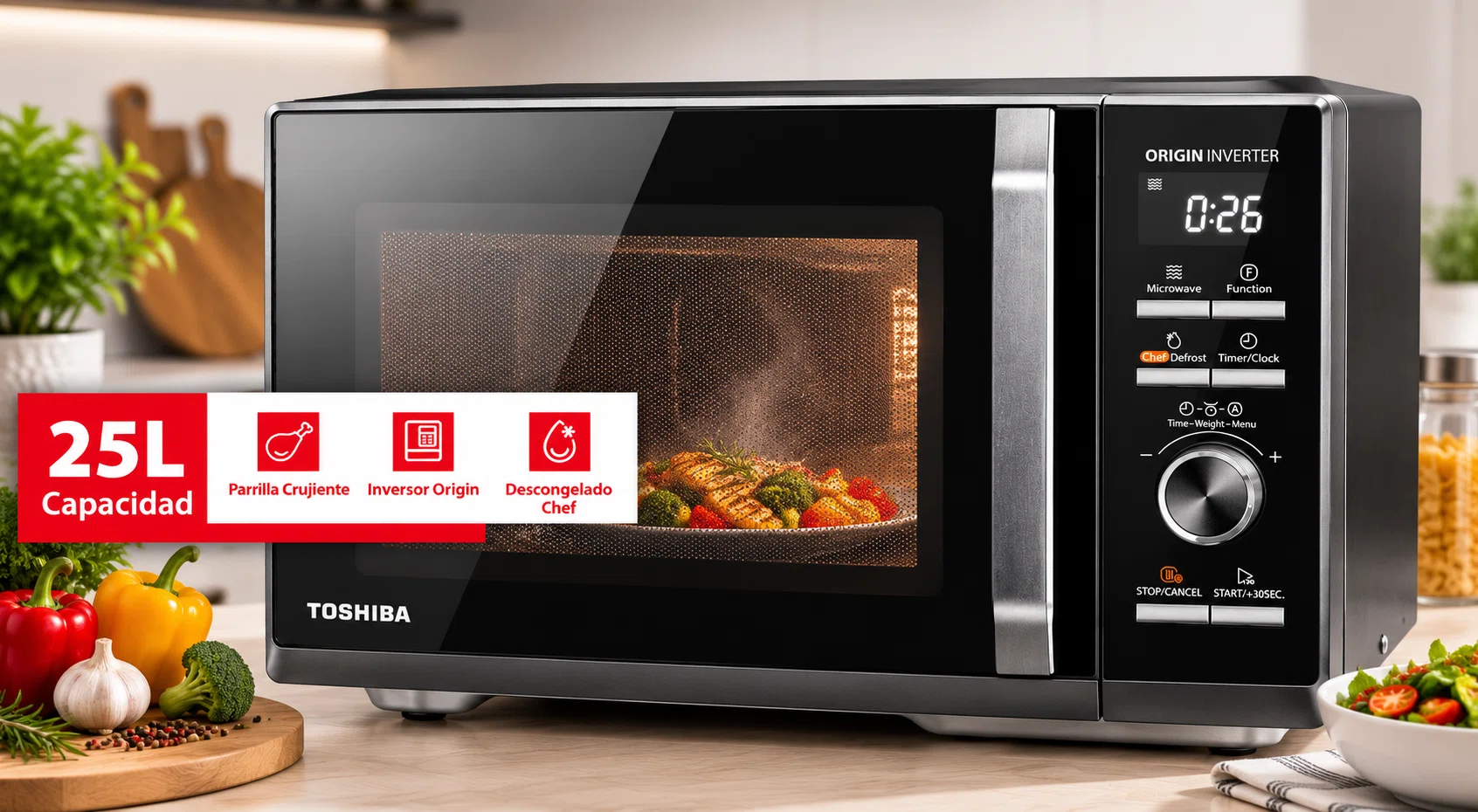 Microondas Toshiba de 25L con grill y tecnología inverter, control preciso y 10 niveles de potencia por sólo 109,99€ con envío gratis (-21%)