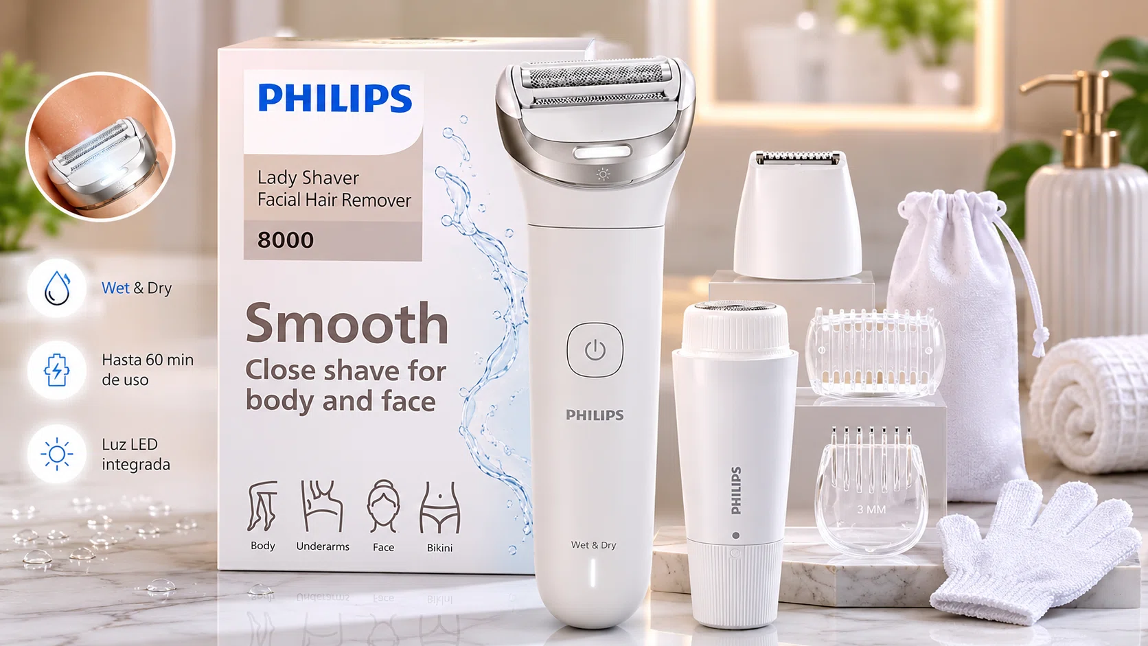 Afeitadora Philips Serie 8000 sin cable para piernas, cuerpo y zona del bikini, uso en seco y mojado y accesorios por sólo 49,99€ con envío gratis (-33%)