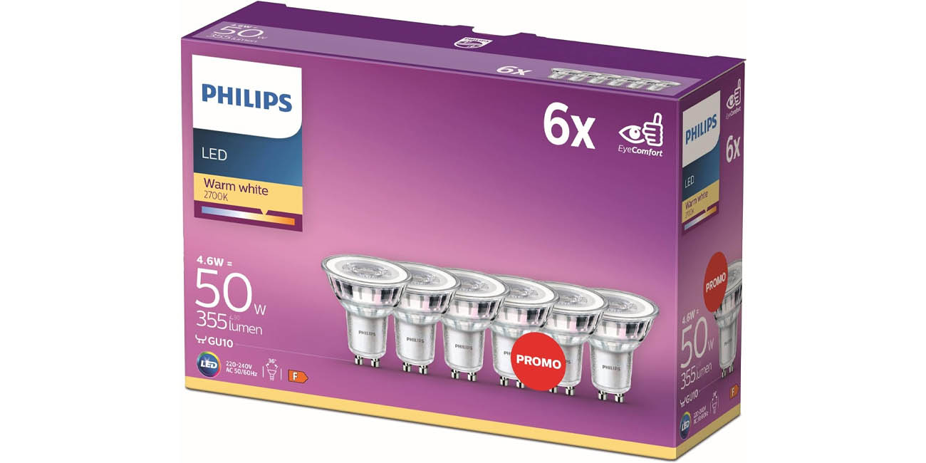 Chollo Pack x6 Bombillas LED Philips GU10 de 50W por sólo 9,98€ (-25%) ¡Sólo 1,66€ por bombilla!