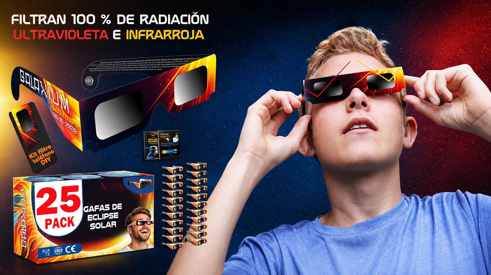Pack x25 Gafas Galaxium para ver el eclipse solar, certificadas ISO y CE, seguras para observación directa por sólo 15,95€ (-47%)