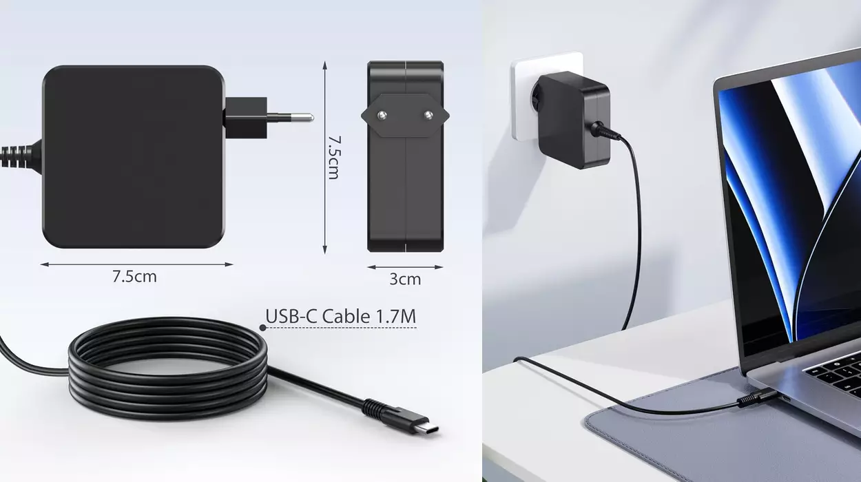 Cargador portátil USB C 65W para cargar rápido desde móviles hasta portátiles como Galaxy Book y MacBook por sólo 11,62€ (-32%)