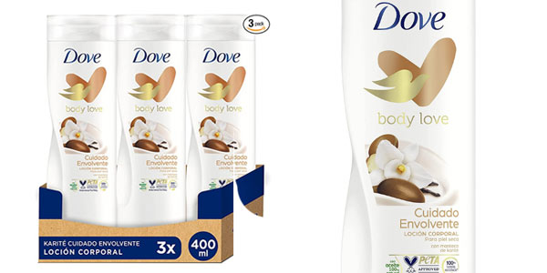 Chollo Pack x3 Dove Loción Corporal Karité Cuidado Envolvente de 400 ml por sólo 9,60€ (-36%) ¡2,84€ cada una!