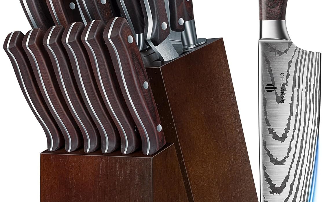 Juego de cuchillos SANMEIHO: set de 16 piezas en acero de alto carbono con bloque de madera y afilador por sólo 79,99€ con envío gratis (-53%)