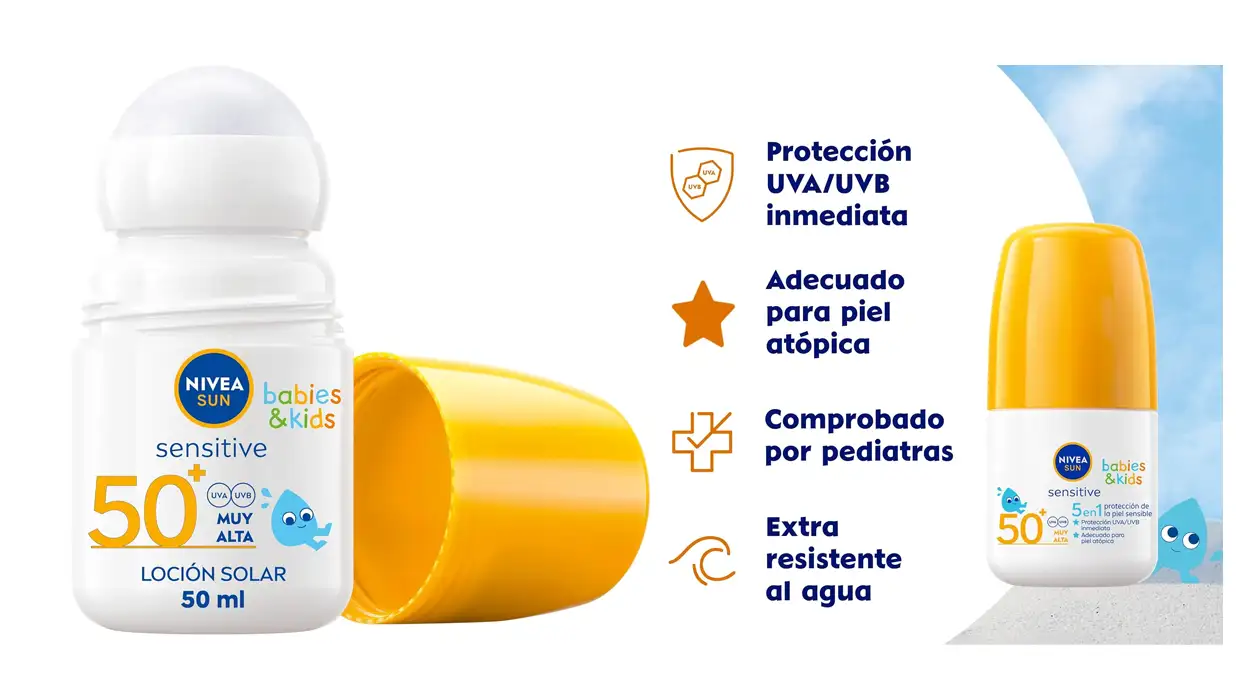 Chollo Crema solar NIVEA SUN Babies & Kids Sensitive Roll-on FP 50+ por sólo 7,62€ (-24%).