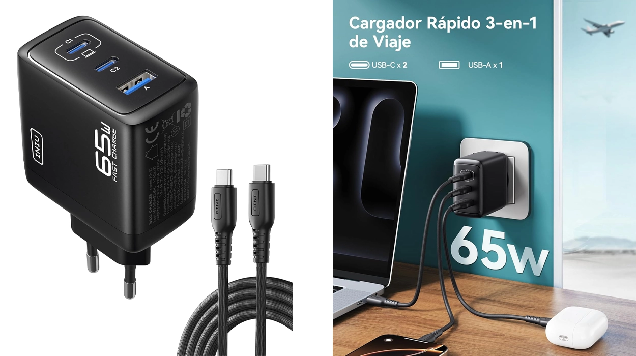 Chollo Cargador INIU 65W USB GAN con 2 USB-C + 1 USB-A por sólo 12,53€ con descuento automático (58% de descuento)