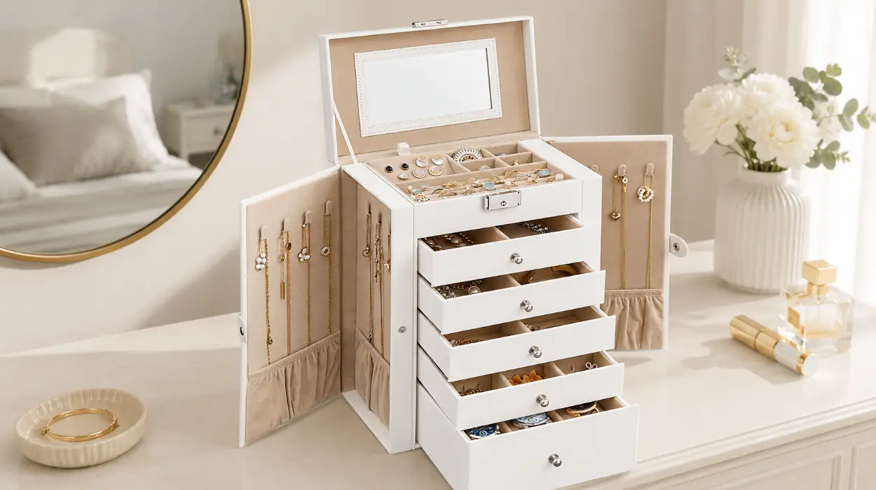 Seguridad y elegancia para tus joyas: caja joyero Songmics de 6 niveles con cerradura y ganchos por sólo 32,86€ con envío gratis (-47%)