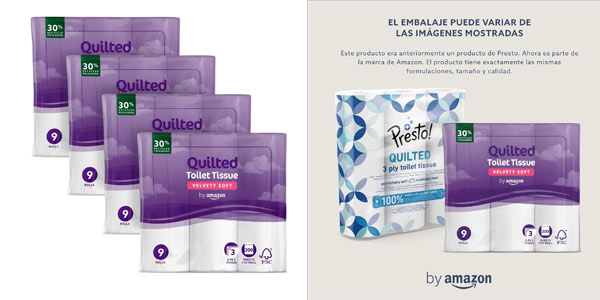 Chollo Pack x36 Rollos Papel higiénico Amazon Quilted Acolchado de 3 capas por sólo 11,73€ (0,33€ cada uno)