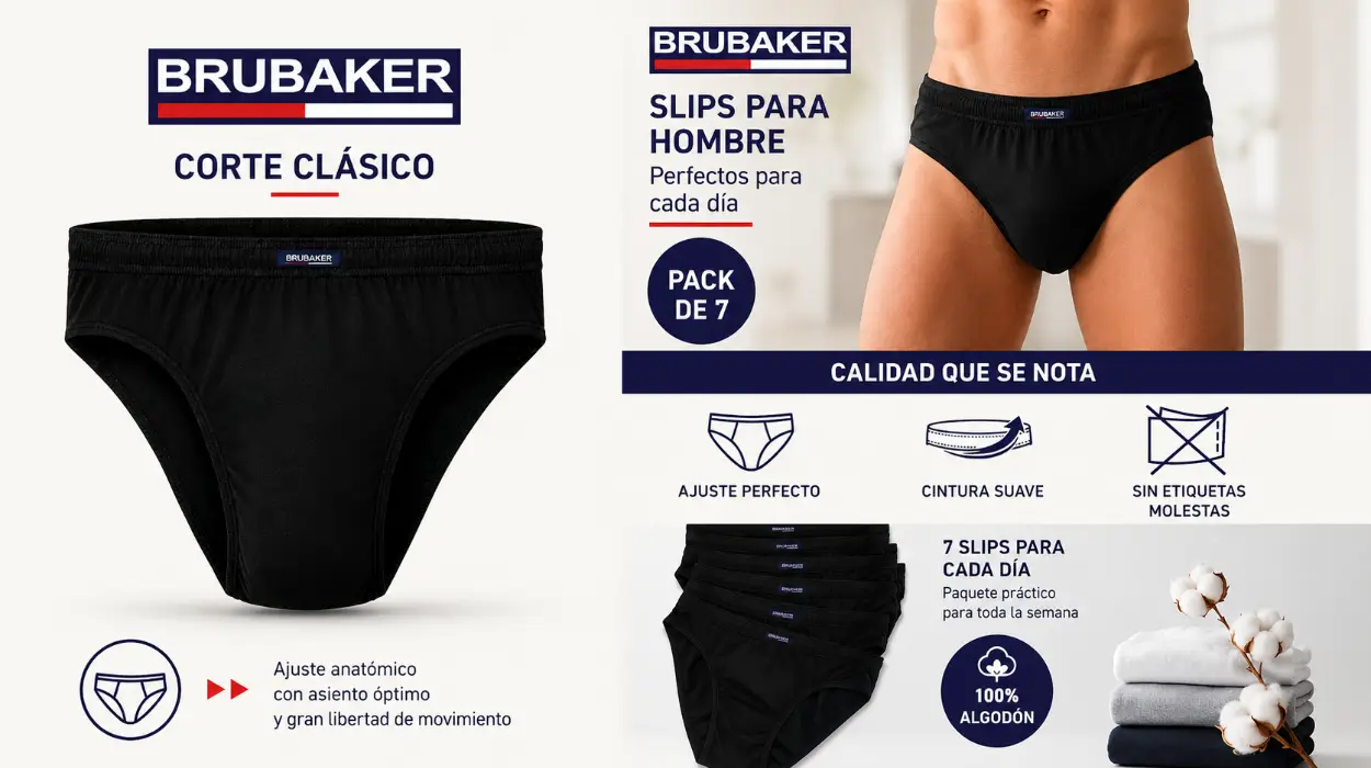 La ropa interior que se adapta a ti: Pack de 7 slips Brubakerde algodón 100% por sólo 16,99€ (-15%) ¡2,43€ cada uno!