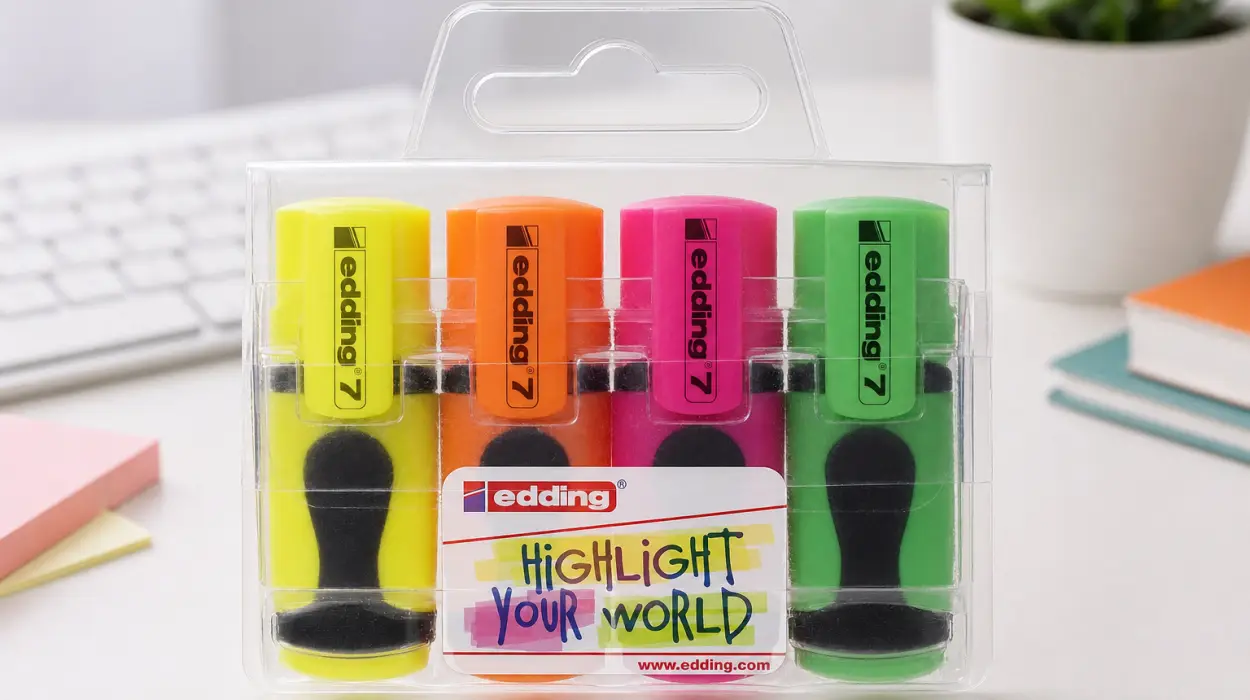 Juego de 4 minimarcadores fluorescentes edding 7 con punta biselada de 1-3 mm en colores neón por sólo 1,84€ (-40%)