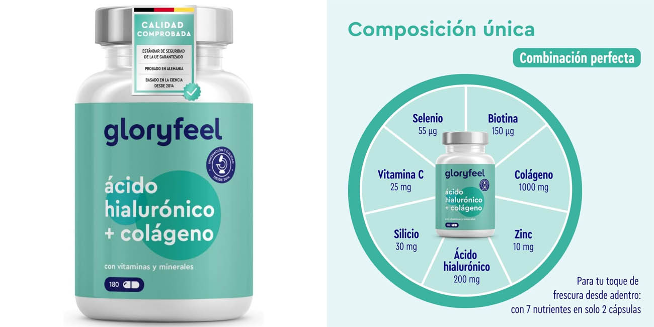Chollo Envase x180 Cápsulas Colágeno + Ácido hialurónico GloryFeel con vitaminas y minerales por sólo 11,70€ (-55%)