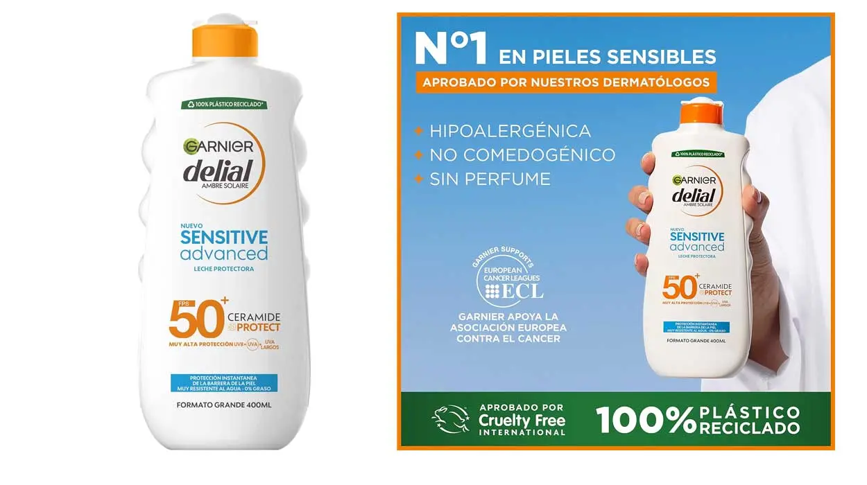 Chollo Leche solar Garnier Delial Sensitive Advanced FPS50+ de 400 ml por sólo 10€ (-41%)
