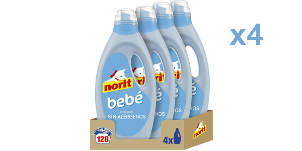 Chollo Pack x4 Detergente líquido Norit Bebé Sin Alérgenos para 128 lavados por sólo 11,60€ con descuento automático (-27%)