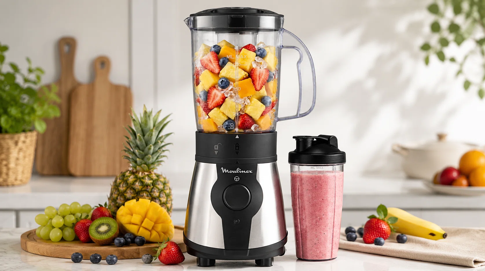 Chollo Batidora de vaso Moulinex Blend&Go LM1B1D10 de 300 W con vaso portátil de 750 ml por sólo 36,99€ con envío gratis (-38%)