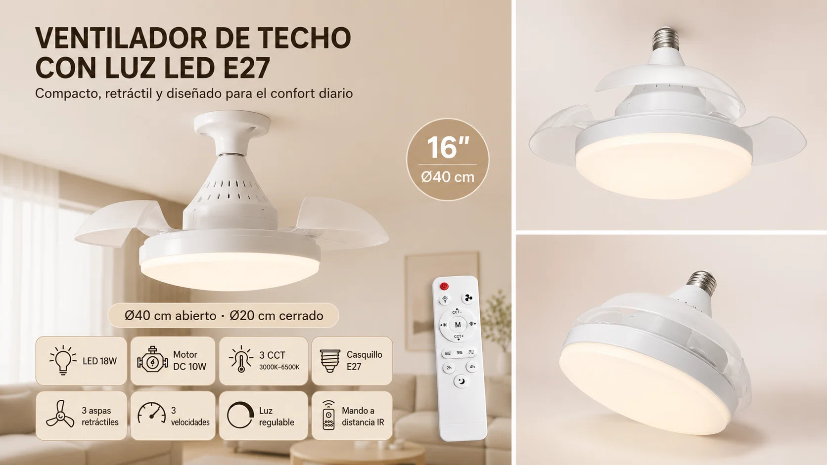 Ventilador de techo MARSI con luz LED y 3 aspas retráctiles, ideal para dormitorio o estudio por sólo 29,42€ con cupón y envío gratis (-25%)