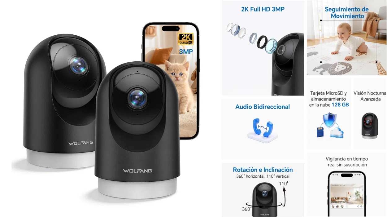 Tranquilidad en tu hogar: Pack x2 cámaras de vigilancia Wolfgang 2K con visión 360° y audio por sólo 27,49€ (-45%)