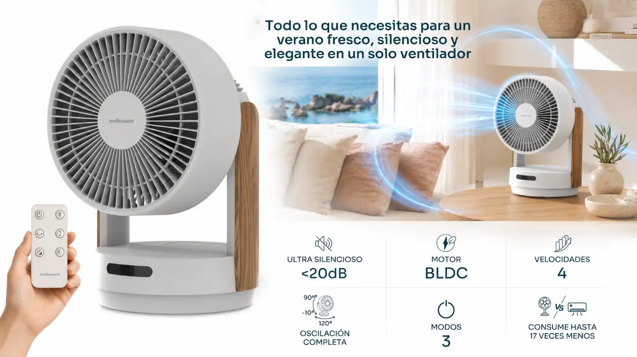 Ventilador de mesa silencioso Mellerware Brizy Desk 360 Silence con motor BLDC, oscilación 360° y mando por sólo 59,99€ con envío gratis (-25%)