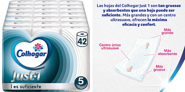 Chollazo Pack de 42 rollos de papel higiénico Colhogar Just1 por sólo 29,35€ con cupón y envío gratis (-30%)