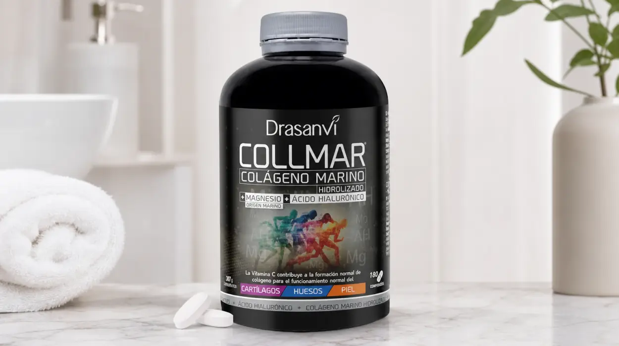 Colágeno marino hidrolizado Drasanvi Collmar con ácido hialurónico, magnesio y vitamina C para huesos, piel y cartílagos por sólo 9,50€ (-35%)