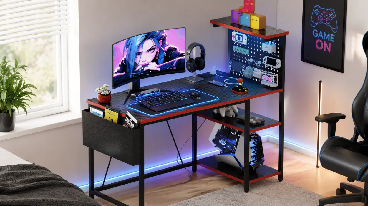 Mesa de juegos Xyphren con panel perforado, enchufe y estantes ajustables para esquinas por sólo 60€ con envío gratis (-25%)