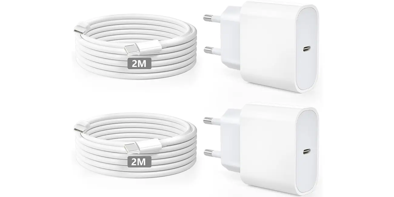 Chollo Pack 2x cargador USB-C Kndaa 20W + 2x cable USB-C de 2m por sólo 14,99€ (-17%)