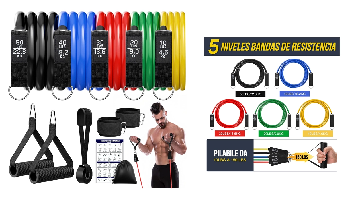 Chollo Set x5 Bandas Elásticas + accesorios para fitness por sólo 13,51€ (-39%)