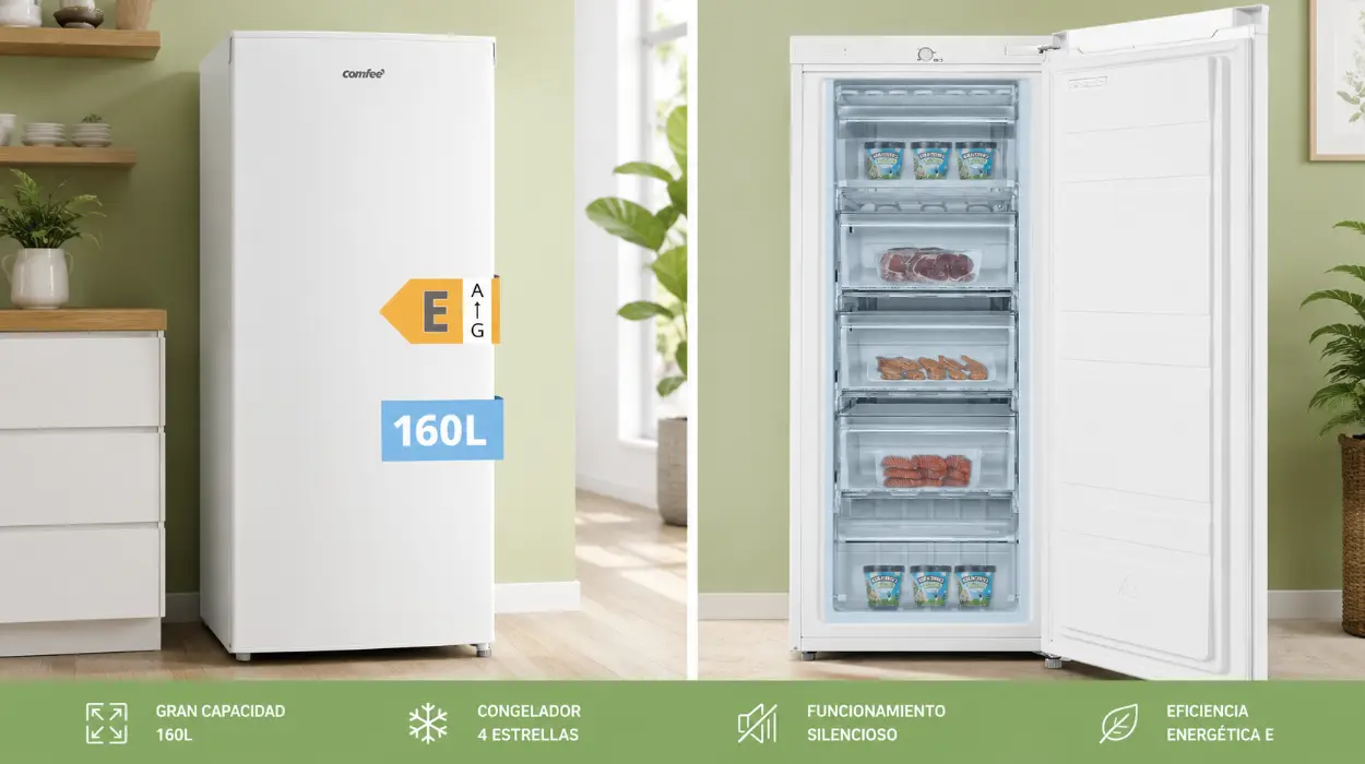 Congelador COMFEE’ RCU160WH2(E) de 160L con puerta reversible y patas ajustables, silencioso y eficiente por sólo 254,99€ con envío gratis (-15%)
