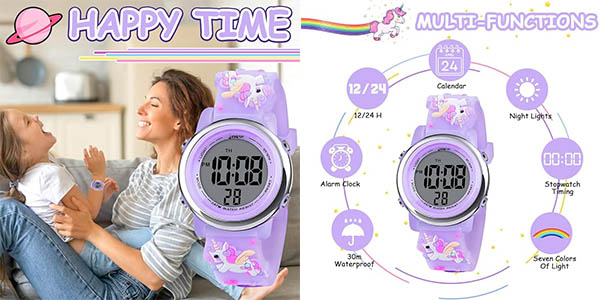 Este reloj digital Vicloon luce unicornios muy molones para los peques de casa y tiene un precio de risa