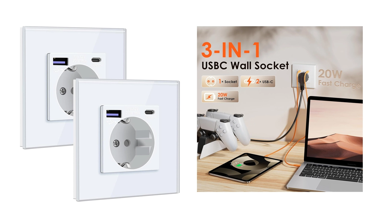 Carga todo desde la pared sin adaptadores extra: Hazte con estas 2 bases de enchufe Schuko con USB y USB-C por sólo 15,43€