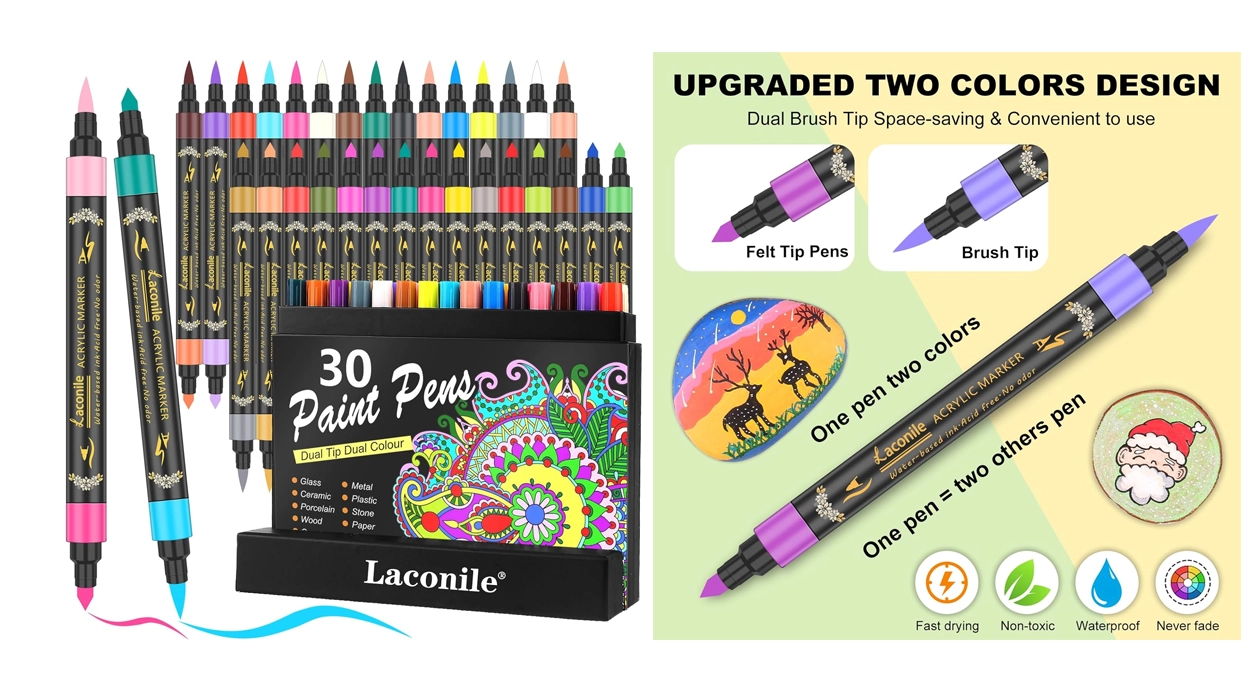 Pack de 30 rotuladores acrílicos Laconile de doble color (60 tonos) para pintar cristal, piedras o cerámica por sólo 12,85€ (-36%)