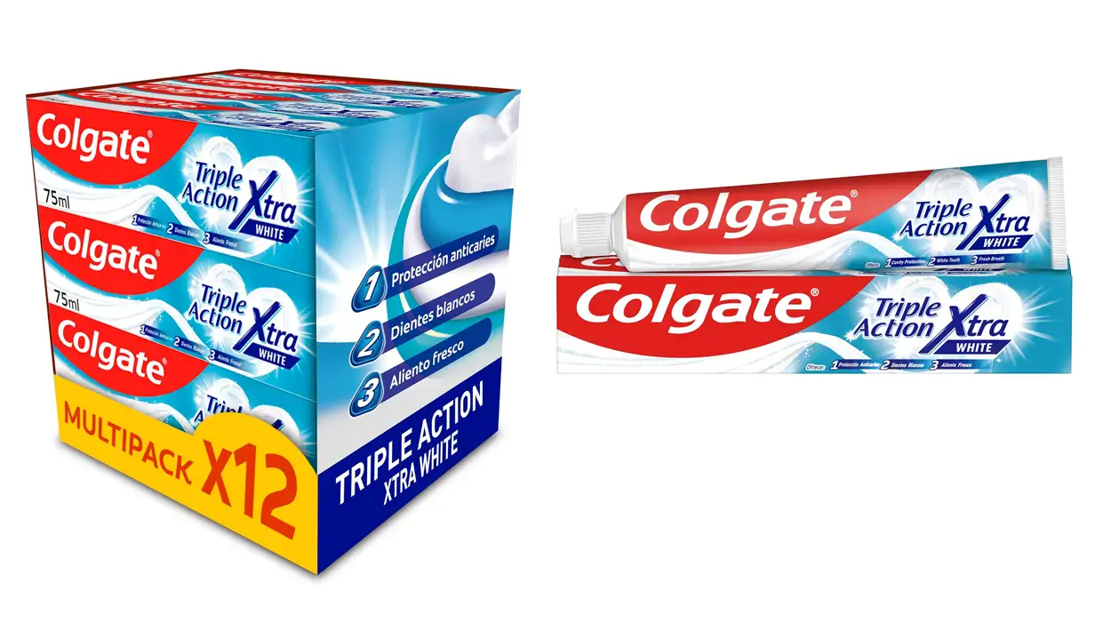 Chollo Pack de 12 pastas de dientes Colgate Triple Action Extra White por sólo 23,76€ (-24%) ¡1,98€ cada tubo!