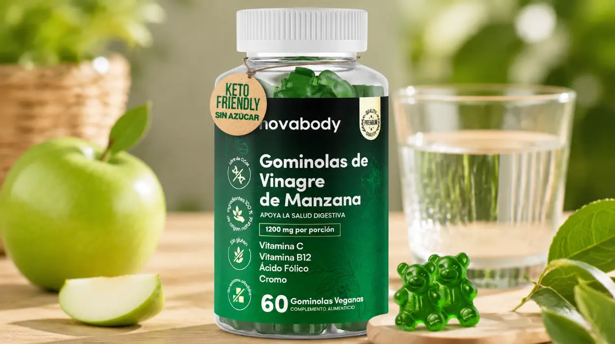 Gominolas de vinagre de manzana 1200 mg sin azúcar, veganas y con vitaminas para digestión y metabolismo por sólo 14,43€ (-42%)