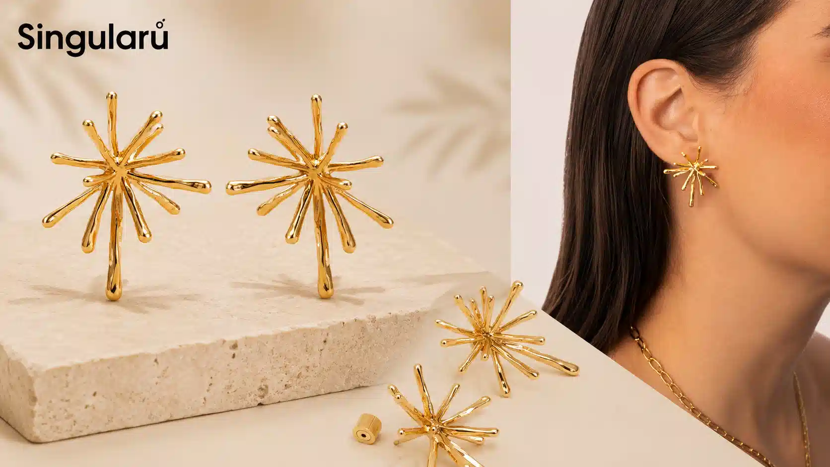 Pendientes Nova de Singularu en acero con baño de oro de 18Kt, diseño original y cierre de silicona por sólo 11,04€ (-15%)