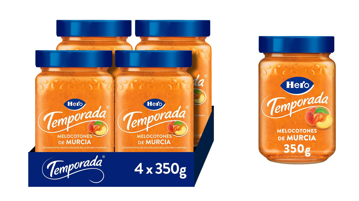 Chollo Pack x4 botes de mermelada Hero melocotón de temporada por sólo 7,16€ (-40%) ¡1,79€ cada uno!