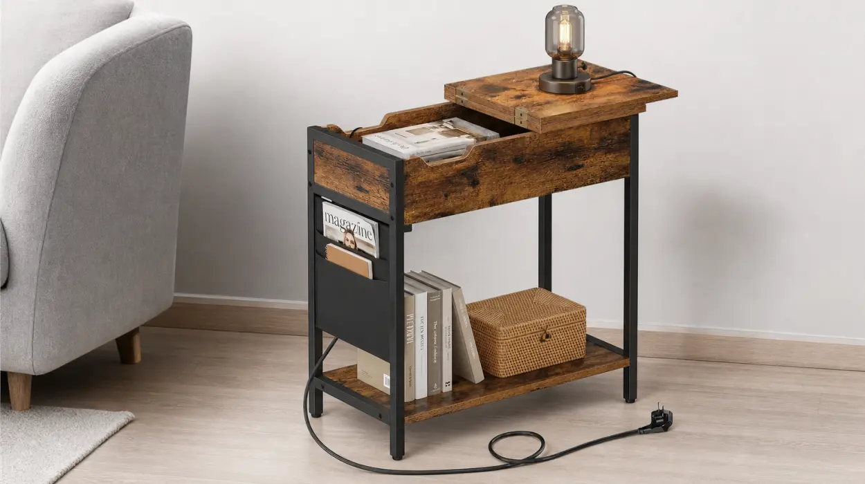 Mesa auxiliar Relaxdays con enchufes y USB, estilo industrial y bolsillo lateral por sólo 44,99€ con envío gratis (-36%)