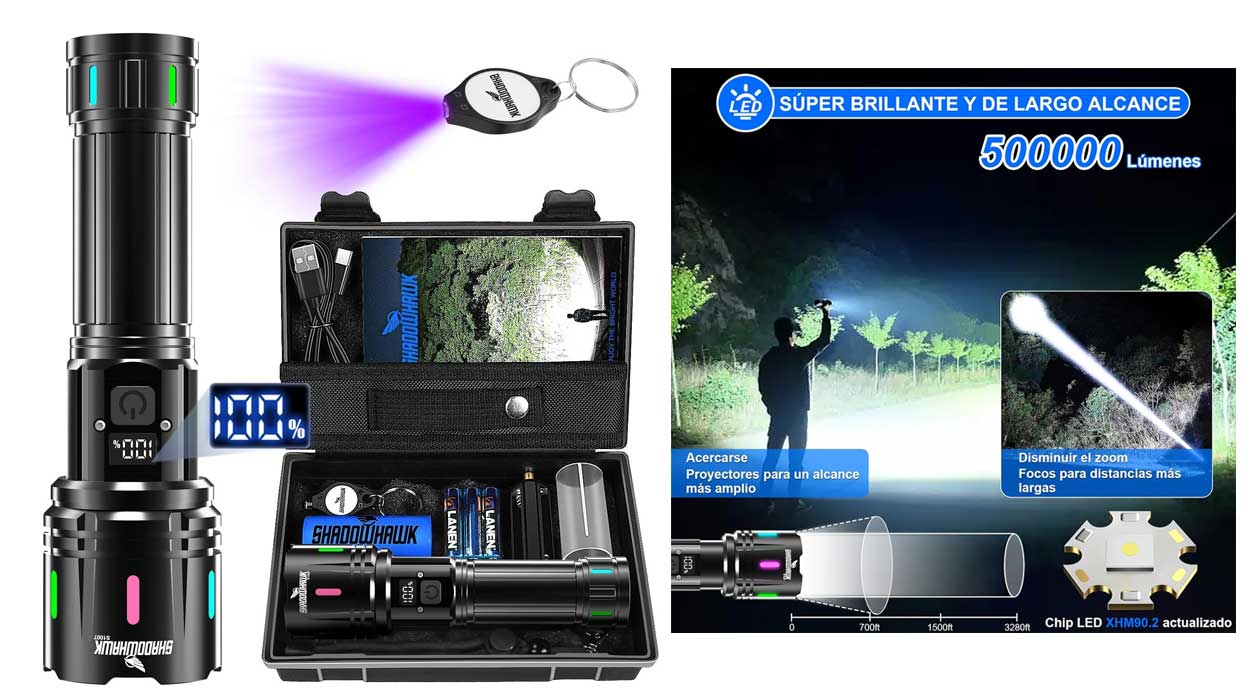 Chollo Linterna LED recargable de alta potencia Shadowhawk con maletín y accesorios por sólo 24,76€ con cupón (-33%)
