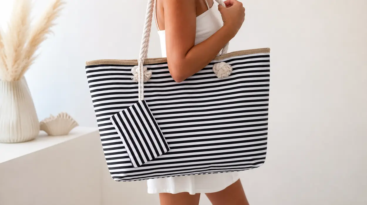Bolso de playa negro y blanco con cremallera y diseño a rayas por sólo 10,93€ (-64%)