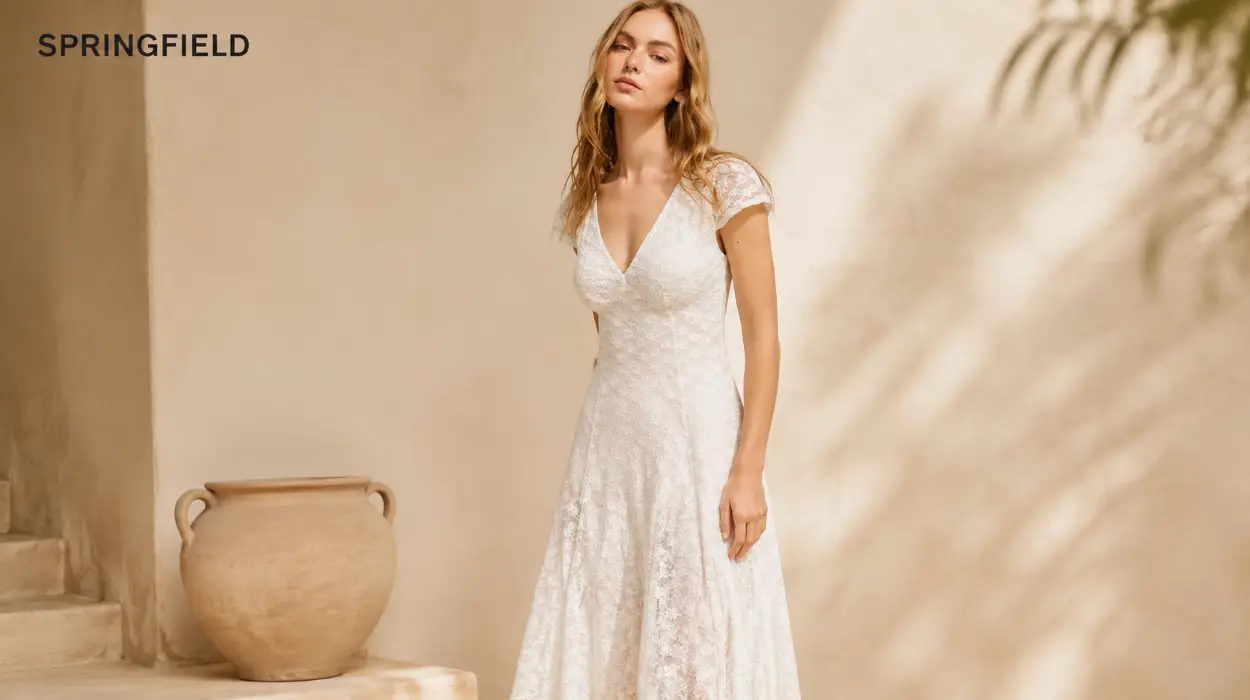 Vestido Springfield midi con cuello en V y encaje por sólo 17,99€ (-50%)