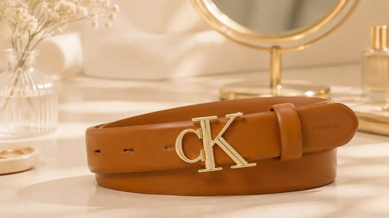 Cinturón de piel para mujer Calvin Klein CK Logo de 3.5 cm en marrón y dorado por sólo 32,95€ con envío gratis (-45%)