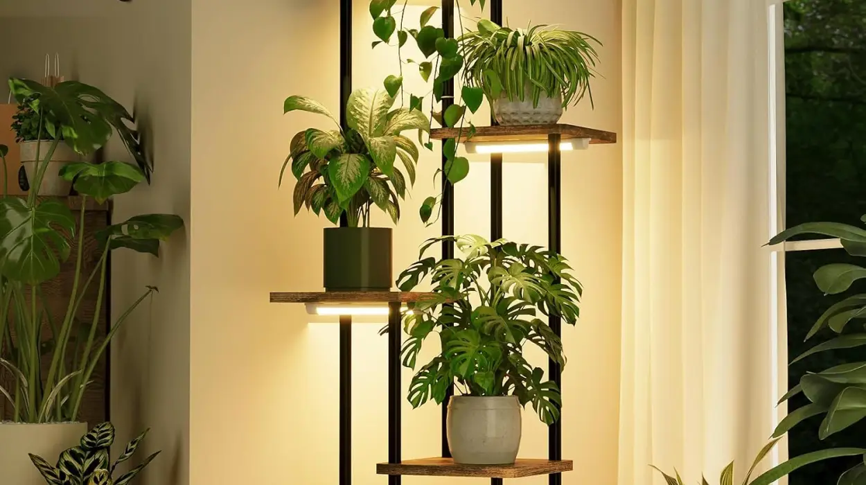 Soporte alto para plantas de Bamworld con luz de crecimiento y diseño esquinero de 5 niveles en metal y madera por sólo 33,38€ con envío gratis (-26%)