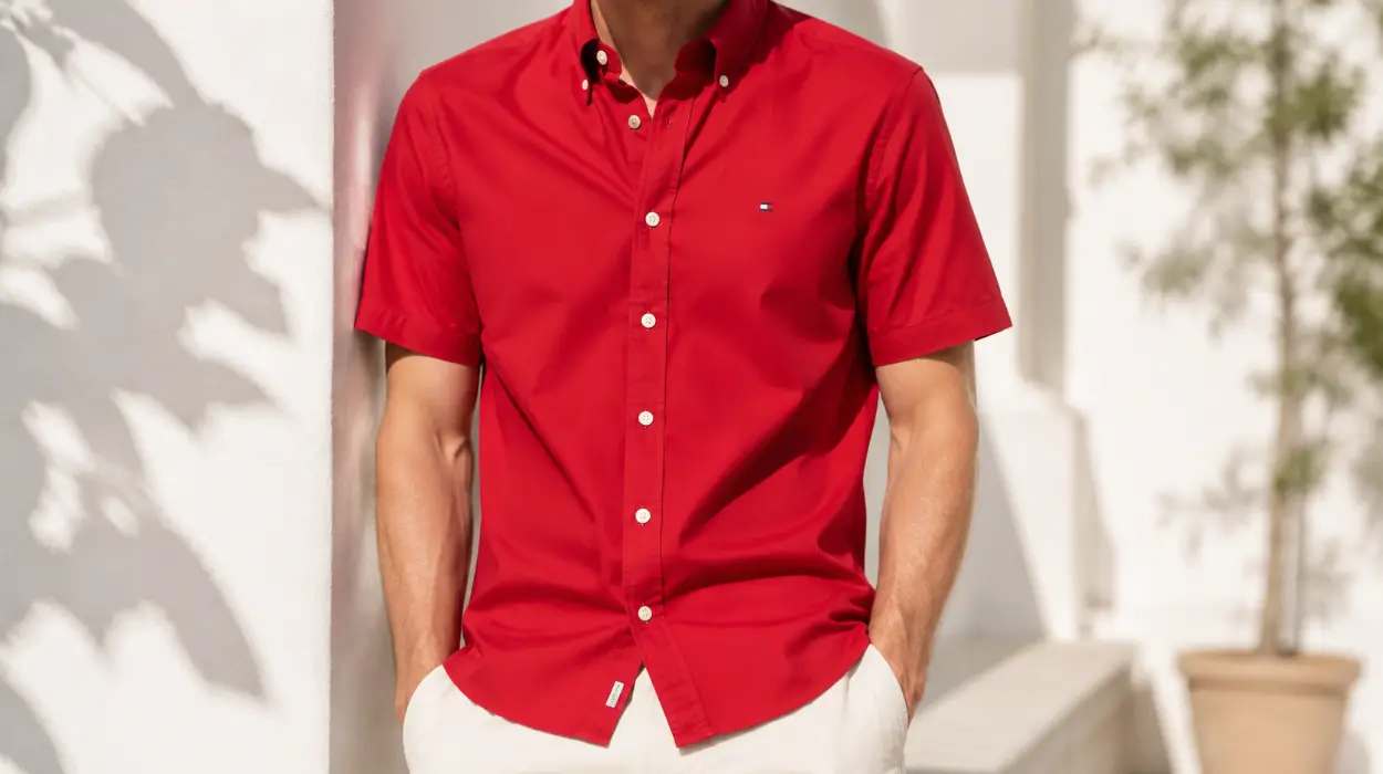 Camisa de manga corta Tommy Hilfiger Flex Popelin roja para hombre por sólo 27,03€ (-61%)