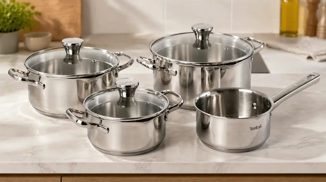 Juego de ollas Tefal Duetto: 3 cacerolas, 1 cazo y 3 tapas de acero inoxidable aptas para inducción y horno por sólo 74,99€ con envío gratis (-51%)