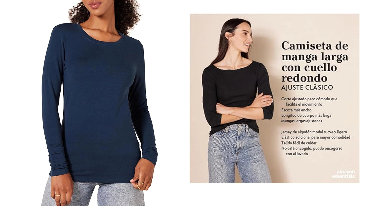 Chollo Camiseta de manga larga con cuello redondo Amazon Essentials para mujer por sólo 10,49€ (20% de descuento)