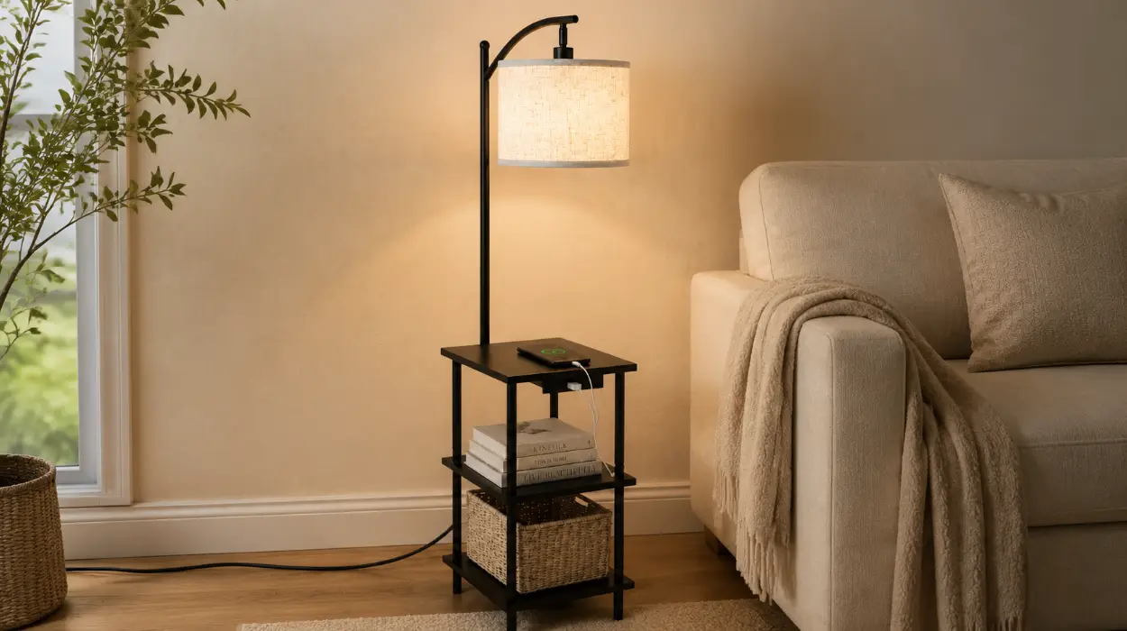 Lámpara de pie vintage LuminexDesigns con estantes y estación de carga para salón y dormitorio por sólo 41,14€ con envío gratis (-46%)