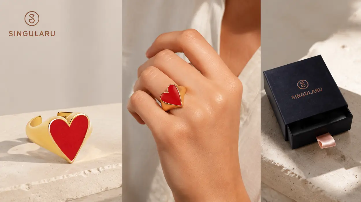 Anillo ajustable Lovely Heart de Singularu con esmalte rojo y baño de oro de 18 kt por sólo 19,25€ (-42%)