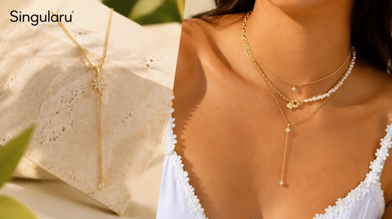 Collar Singularu Y Polar Star en plata de ley con circonitas y baño de oro de 18 kt por sólo 24,36€ (-46%)
