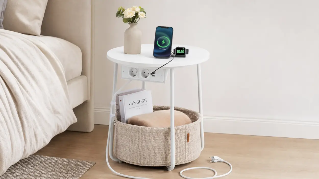 Mesa auxiliar Vasagle Lilea redonda con toma de corriente y cesta por sólo 23,99€ (-48%)