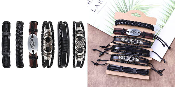 Chollo Set x6 Pulseras de cuero Flintronic para hombre por sólo 7,64€ (-23%)
