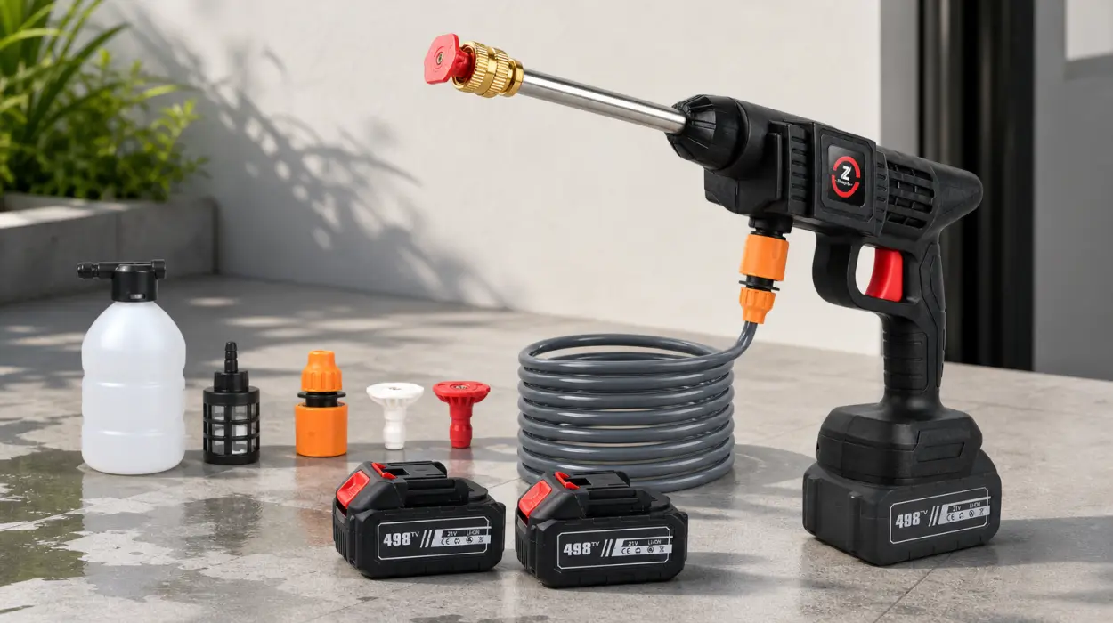 Hidrolimpiadora a batería 21V MAX de alta presión, ideal para coche y jardín, con 2 baterías de 6000 mAh por sólo 26,45€ (-34%)