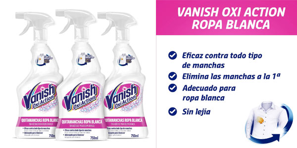 Chollo Pack x3 Quitamanchas Vanish Oxi Action Spray para ropa blanca de 750 ml por sólo 11,23€ (-20%) ¡3,74€ la unidad!