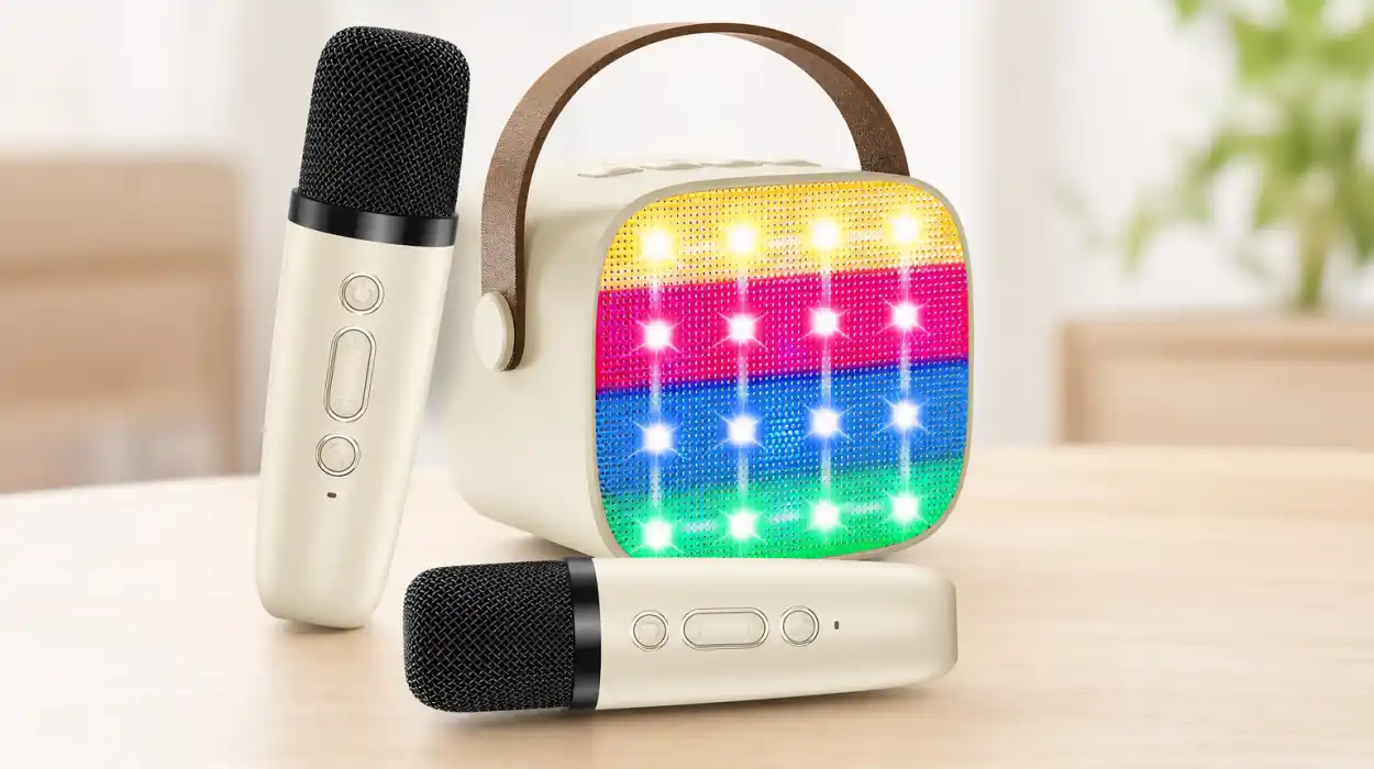 Dos voces y efectos divertidos: karaoke infantil con Bluetooth, 2 micrófonos inalámbricos y luces LED por sólo 7,13€ (-5%)